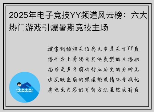 2025年电子竞技YY频道风云榜：六大热门游戏引爆暑期竞技主场