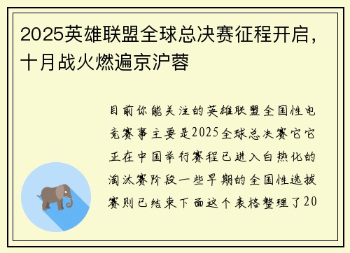 2025英雄联盟全球总决赛征程开启，十月战火燃遍京沪蓉 